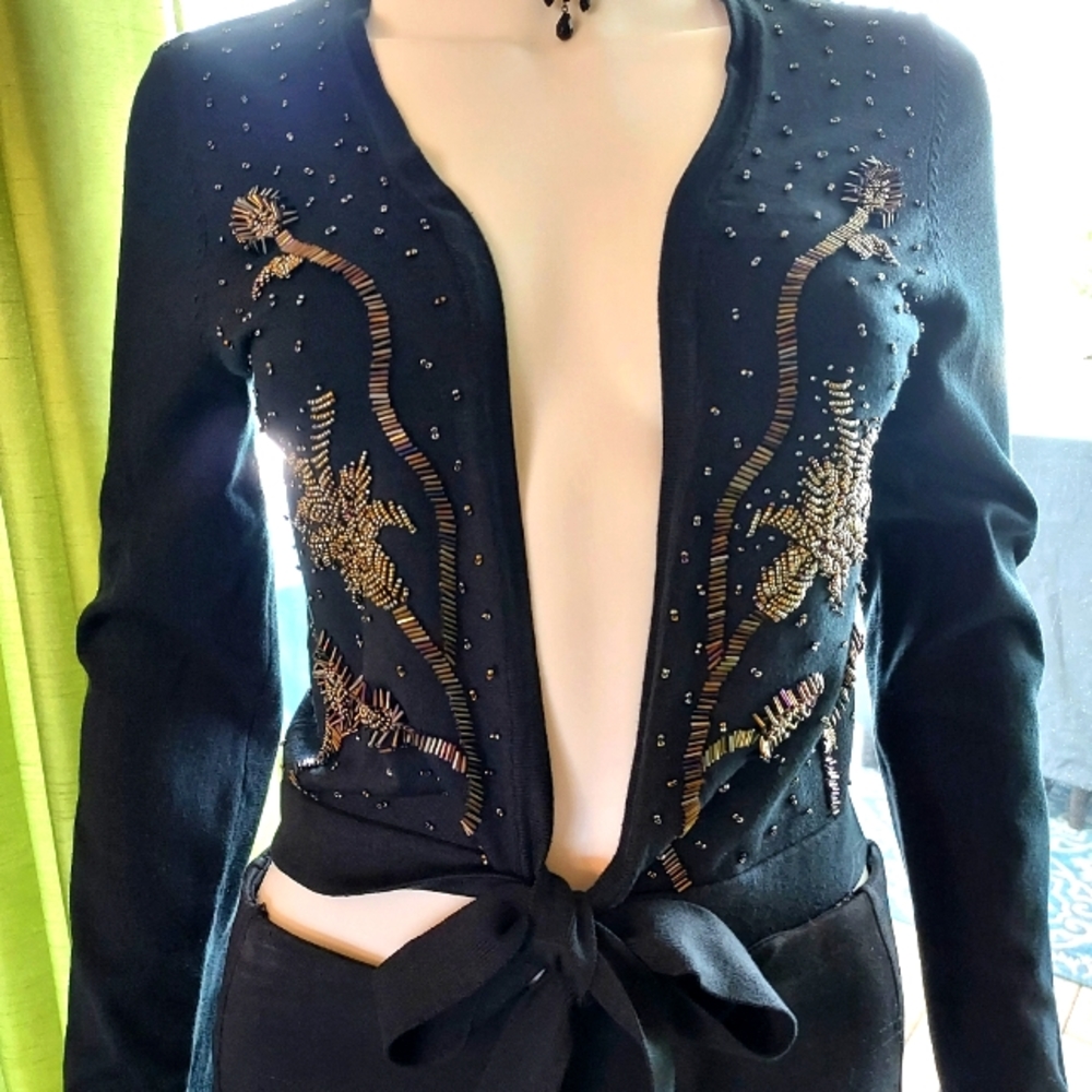 Silk Blend Beaded Sweater with Open Front & Tie at Waist: Size S : NWOT